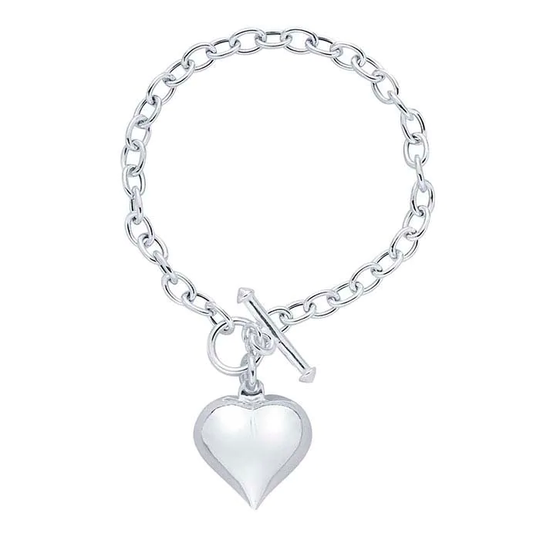 925 Sterling Silver 5.2mm Cable Chain Toggle Bracelet With Puff Heart Charm