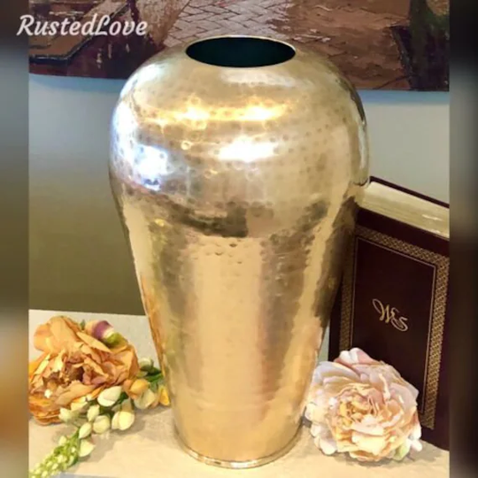 Vintage Brass Vase Hand Hammered Large Urn Planter 16" Tallrustedloveco