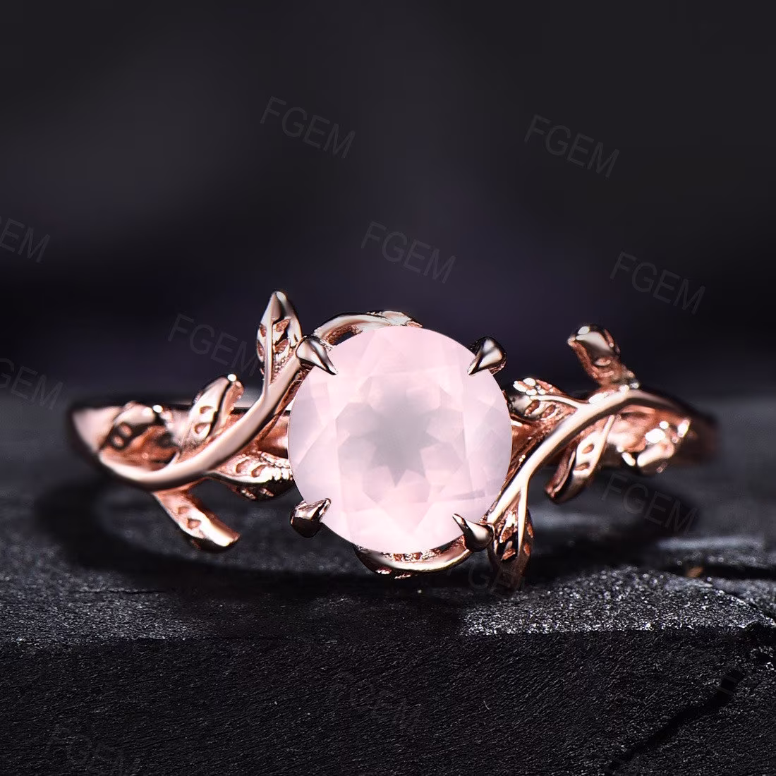 1Ct Round Cut Natural Pink Rose Quartz Ring Gold Simple Engagement Rings Leaf Solitaire Heal Crystal Stone Gift