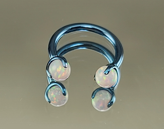 14G | 1.6mm Titanium Horseshoe 3/8" | 10mm Diameter Internally Threaded W/5mm White Claw Opal Ends Septum in Anodized Ice Blue Finish