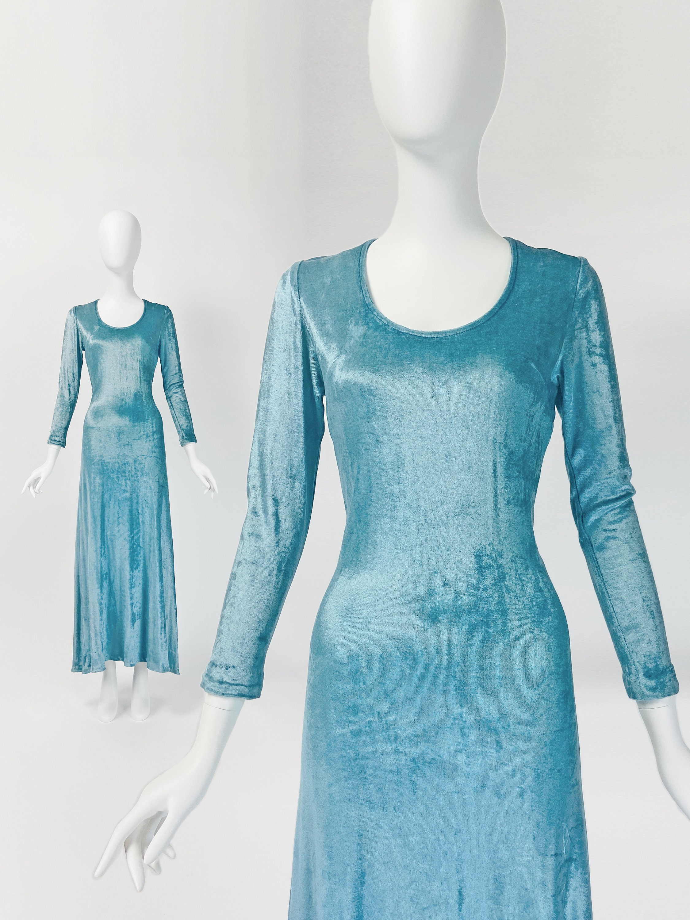 Vintage 70S Maxi Dress, Mod Stretch Velvet Long 1970S Fitted Small Size 4 6 Us, 8 10 Uk W337