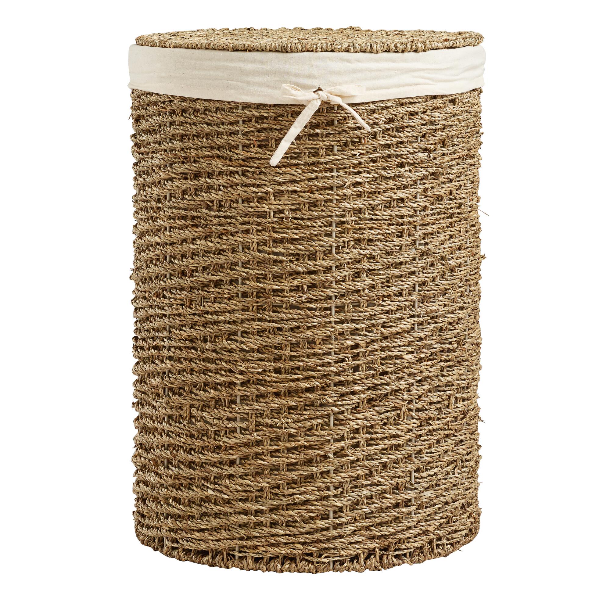 Round Seagrass Trista Hamper With Liner and Lid: Natural - Natural Fiber by World Market