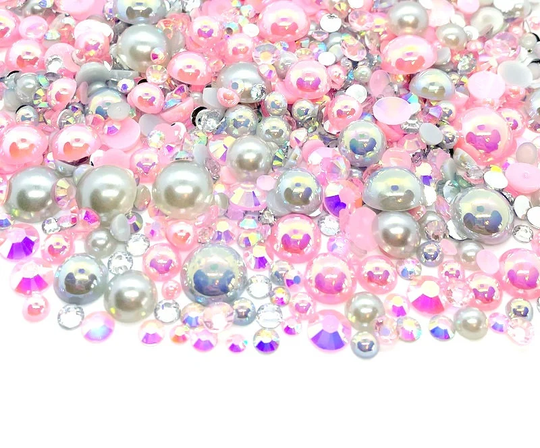Pink Chiffon Blend Rhinestone Mix 2mm-10mm Flatback Jelly Resin | Faux Pearls Mixed Size Gray Clear