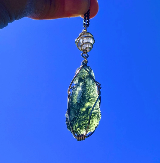 Moldavite & Herkimer Diamond Teardrop Necklace/ Extra Large 3" Long Pendant/ 12 Kt Gold/ Open Air Bubble/ Certificate Of Authenticity