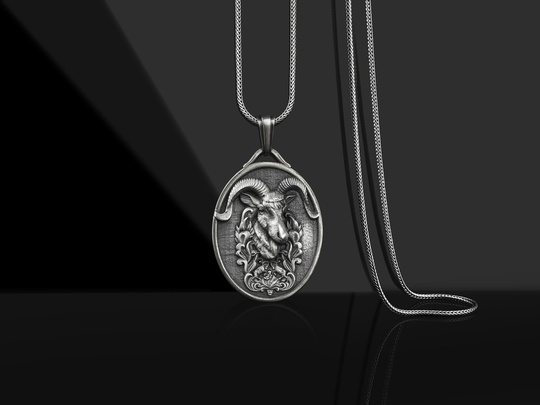 Ram Head Aries Silver Oval Medal Pendant, Personalized Zodiac Gifts, Customizable Necklace, Engraved Necklace For Men, Small Graduation Gift