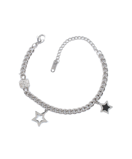 Stainless Steel Rolo Chain Link Bracelet With Black Enamel Star Charms