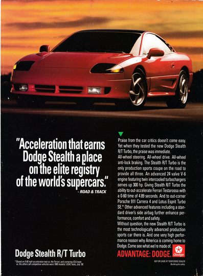 1990 Dodge Stealth Rt Turbo Supercar Original Magazine Ad