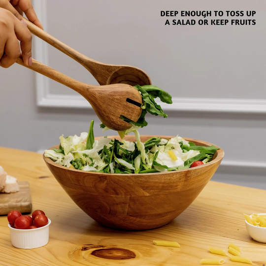 Folkulture Wooden Salad Bowl Set With Servers, 12" D X 5" H, Large Serving Bowls Or For Food, Acacia Wood, | Natural