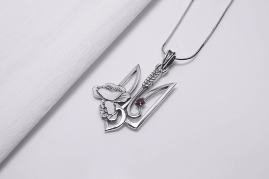 925 Silver Ukrainian Trident Pendant With Wheat, Poppy Flower, & Red Gem, Made in Ukraine Jewelry