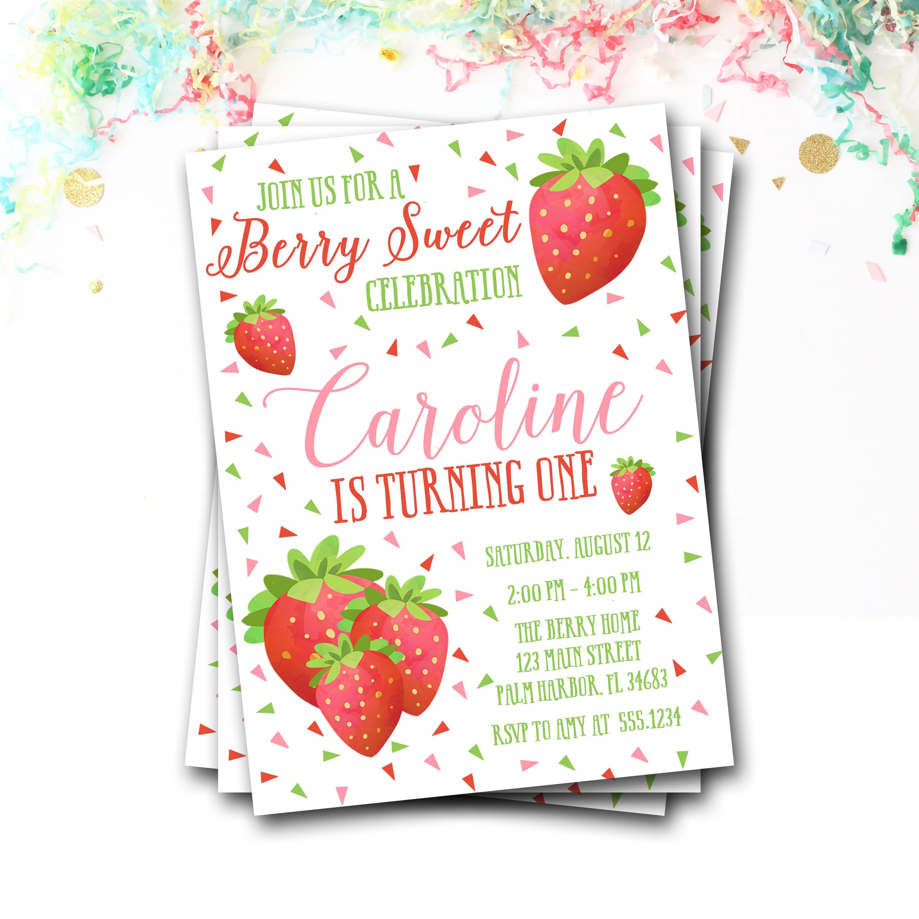 strawberry Birthday Invitation, Berry Sweet Girl First Invitation