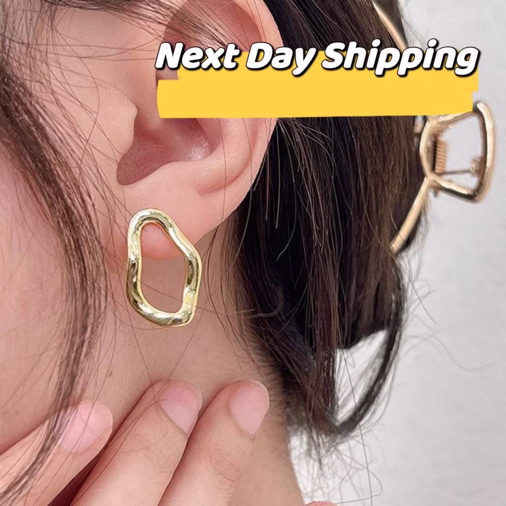 18K Gold Vermeil Geometric Earrings, Irregular Oval Circle Shape Wave Frontal Hoops