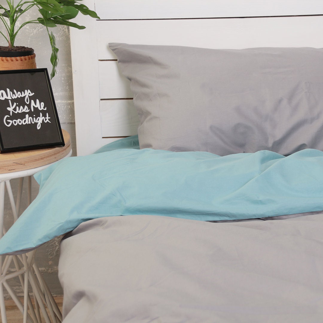 Natural Cotton Double-Sided Duvet Cover in Gray & Aquamarine. Twin, Full, Queen, King, Single, Kingsingle, Double, Custom Size