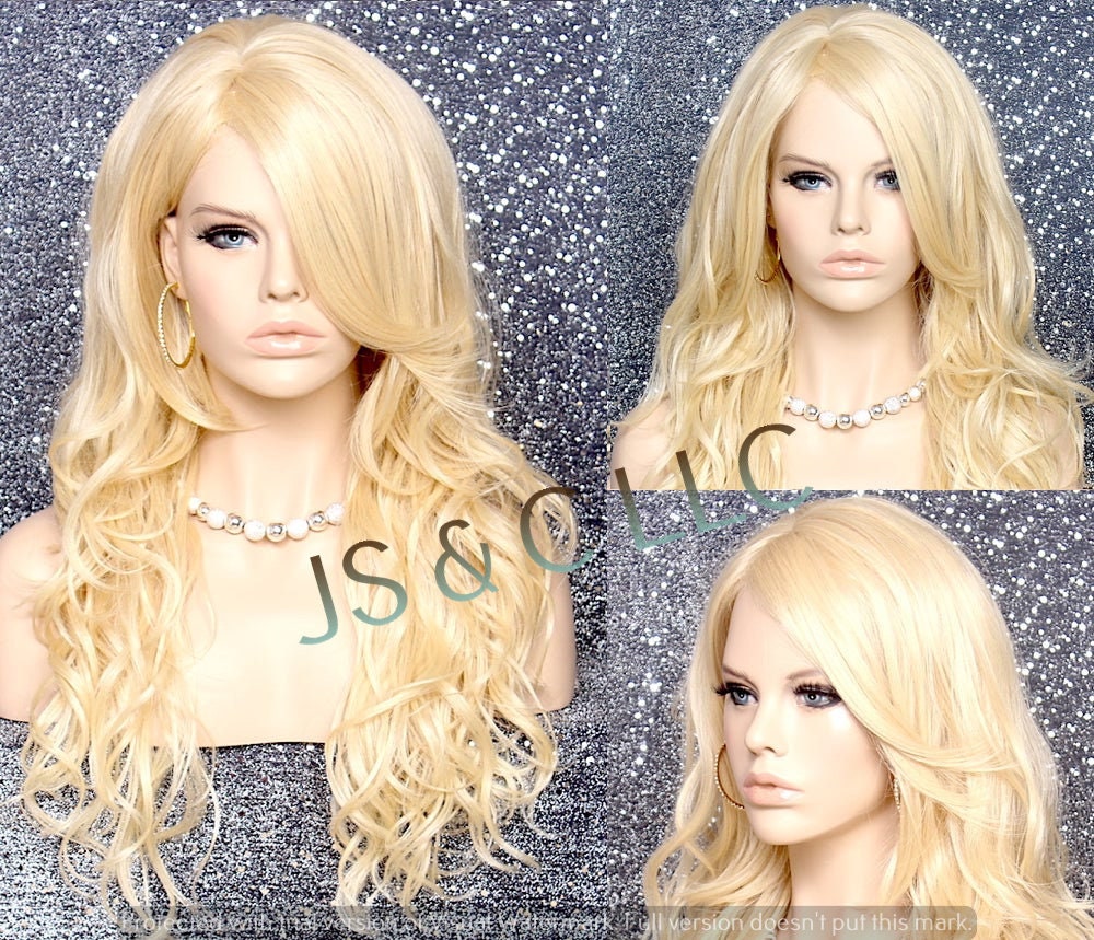 Bleach Blonde Human Hair Blend Full Wig Wavy Long Heat Safe Bangs Layered Cancer/Chemo/Alopecia/Cosplay Emo Anime