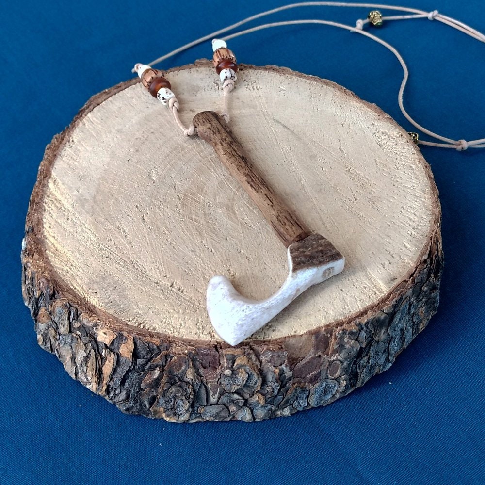 Axe Pendant, Carved Elk Horn, Oak Handle, Golden Skulls, Larp, Cosplay, Magic, Magick, Viking - Hand Made & in The Usa