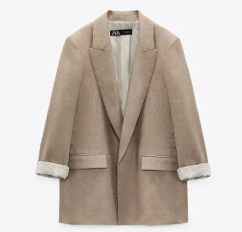 ZARA BNWT 2021. BEIGE TAN PRINT LINEN BLEND CUFFED BLAZER LAPEL COLLAR. 7791/950