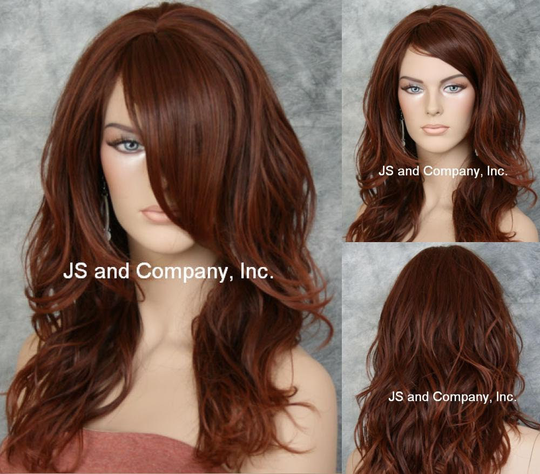 Natural Human Hair Blend Wig Auburn Red Mix Loose Relaxed Waves Full Long Bangs Off Center Parting Cancer Alopecia Theater Cosplay Drag