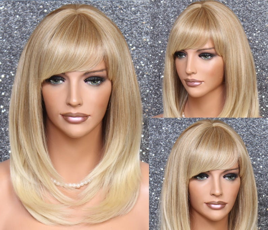 Natural Blonde Mix Human Hair Blend Wig Heat Safe Full Bangs Straight Face Framing Sides Cancer Alopecia Theather Cosplay