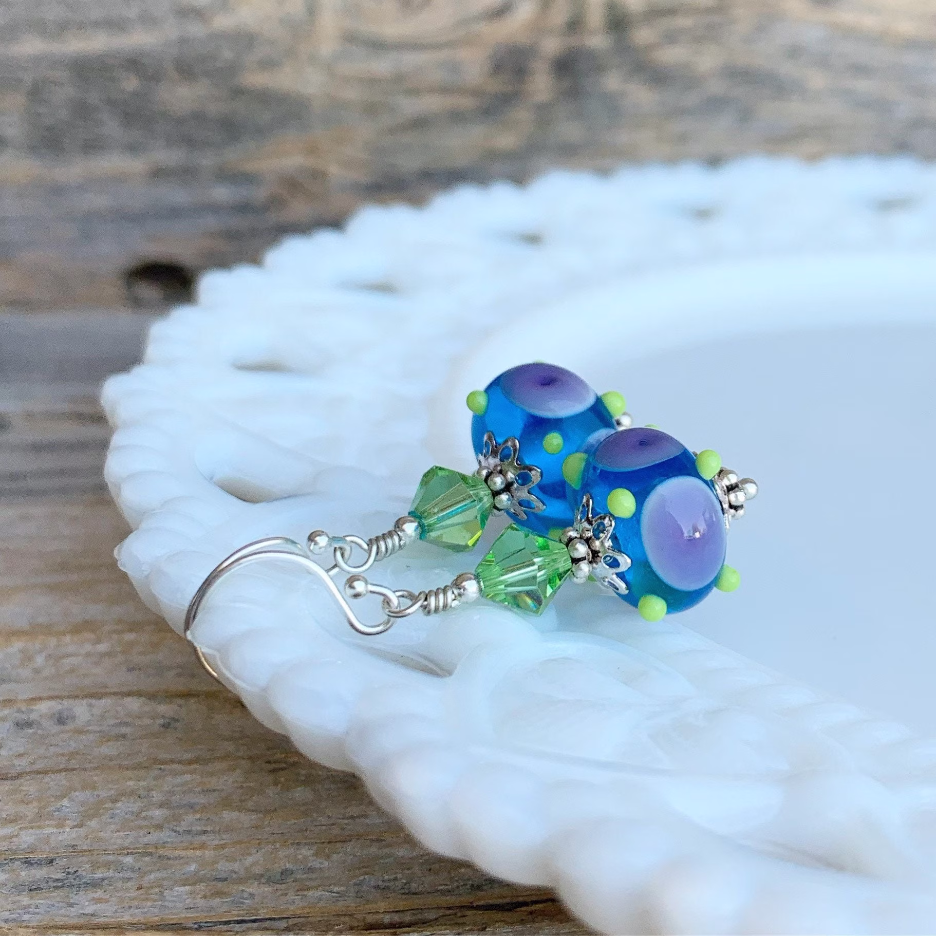 Play, Lampwork Glass Earrings, Handmade Purple & Lime Green, Funky Sterling Silver Swarovski Crystals