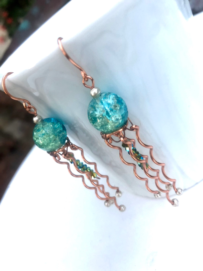 Octopus Earrings, Copper, Dangle, Swarovski, Czech Glass, Sea Green, Resort Jewelry, Beachy, Boho, Cruise Wear, Artsy Life