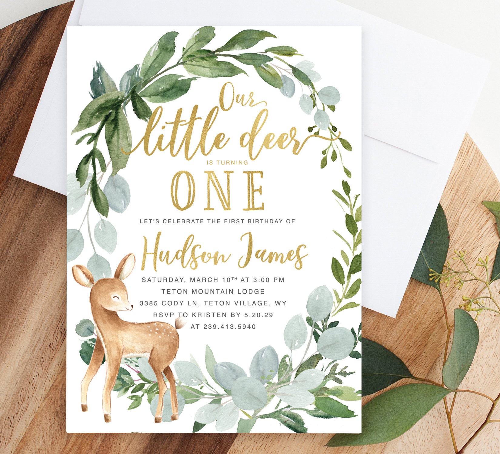 Deer Baby Birthday Invitation Boy, Little Invite, Boy Woodland Invite - White