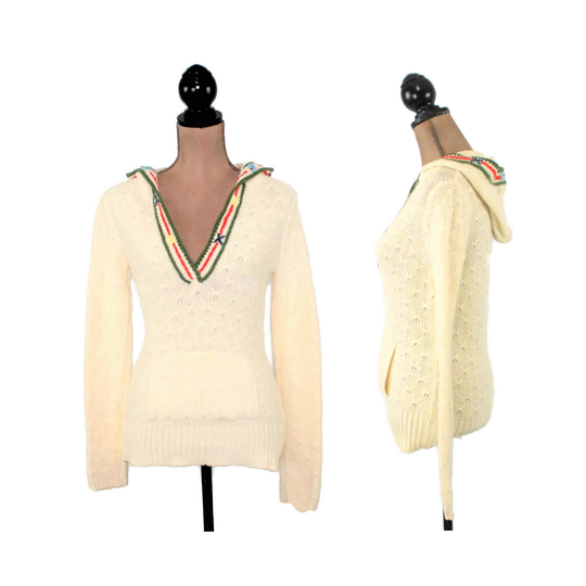 Angora Blend Sweater Knit Hoodie Women Xs Small, Cream Off White V Neck Pullover With Pockets Casual Clothes Vintage Clothing Old Navy