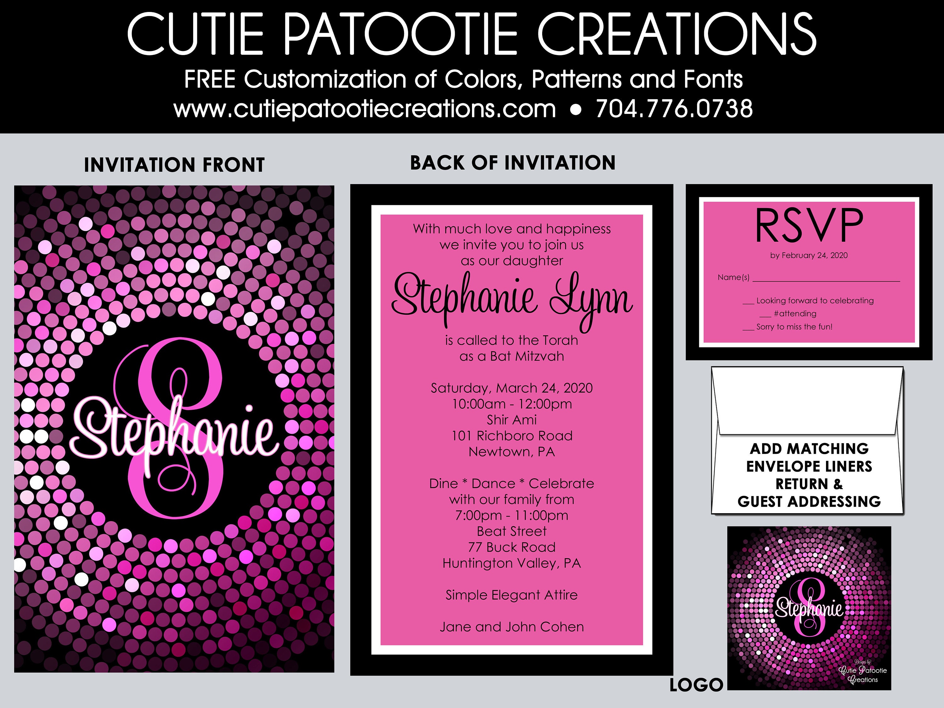 Bat Mitzvah Invitations - Hot Pink Black White Confetti Invitation Rsvp Cards, Thank You, Envelope Addressing Custom Colors
