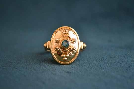 Gold Etruscan Byzantine Ring, 18K Ring With Emerald, Vintage Medieval Inspired Greek Artisan Jewelry, Gift For Her