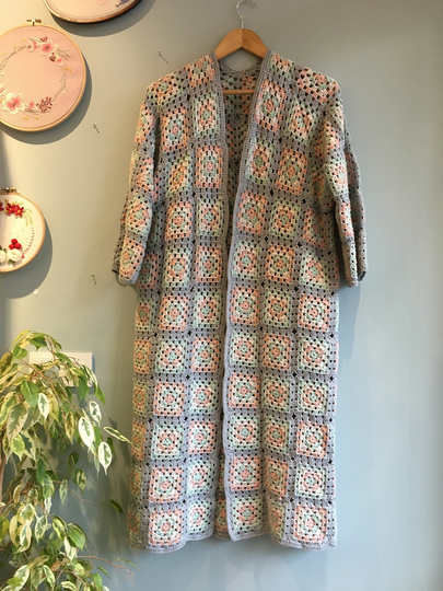 Hand Knit Granny Square Cardigan, Crocheted Afghan Coat, Boho Hippie Patchwork Clothing, Light Color Crochet Sweater, Gift For Her