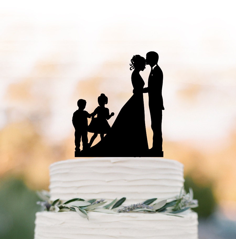 Wedding Cake Topper With Two Child, Bride & Groom Silhouette, Personalized Wedding Cake Boy Girl, Unique