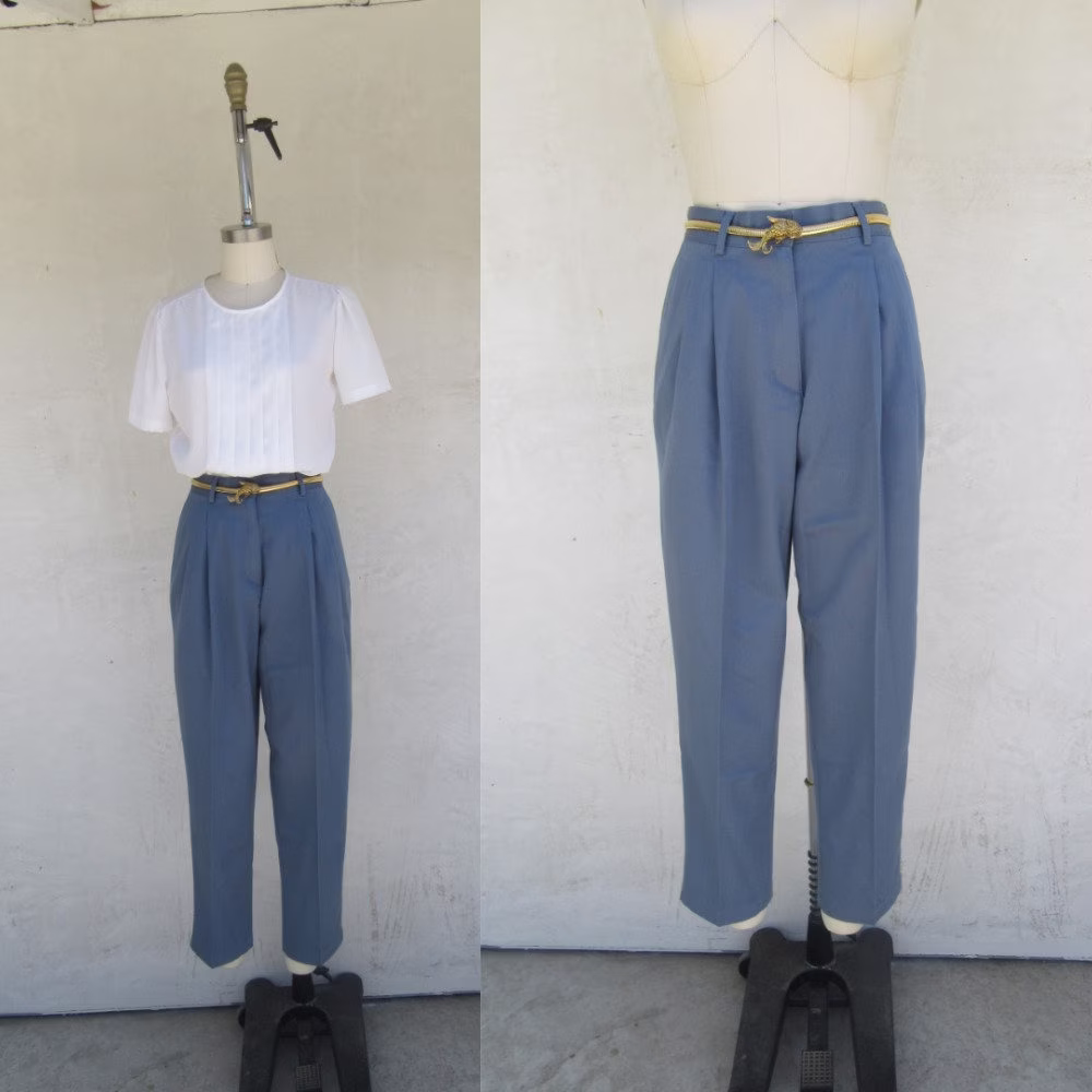Ll Bean New Old Stock Blue Cotton Blend High Waist Tapered Pleated Trousers | 90S Minimal High Rise Pants 27 4 R 30 Inseam
