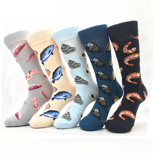 5 Pairs Men's Crew Socks Daily Seafood Casual Cotton | Shrimp, Fish, Mussel, Oyste, Squid