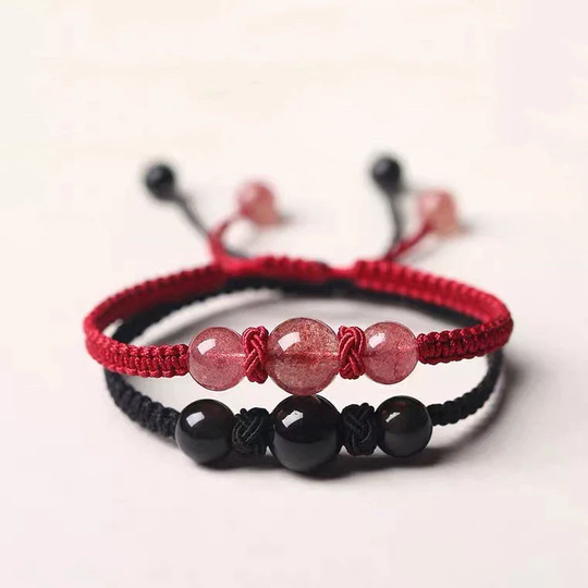 Obsidian/ Strawberry Quartz Chinese Style Gemstone Red Strings Bracelet Adjustable 6.5-8 Inches Woven Friendship Couple Bracelets