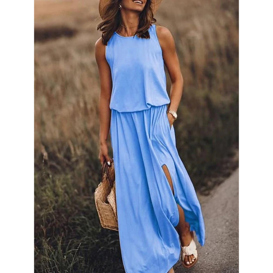 Women's Round Neck Solid Cotton-Blend Boho Pink Maxi Dresses - Blue, S