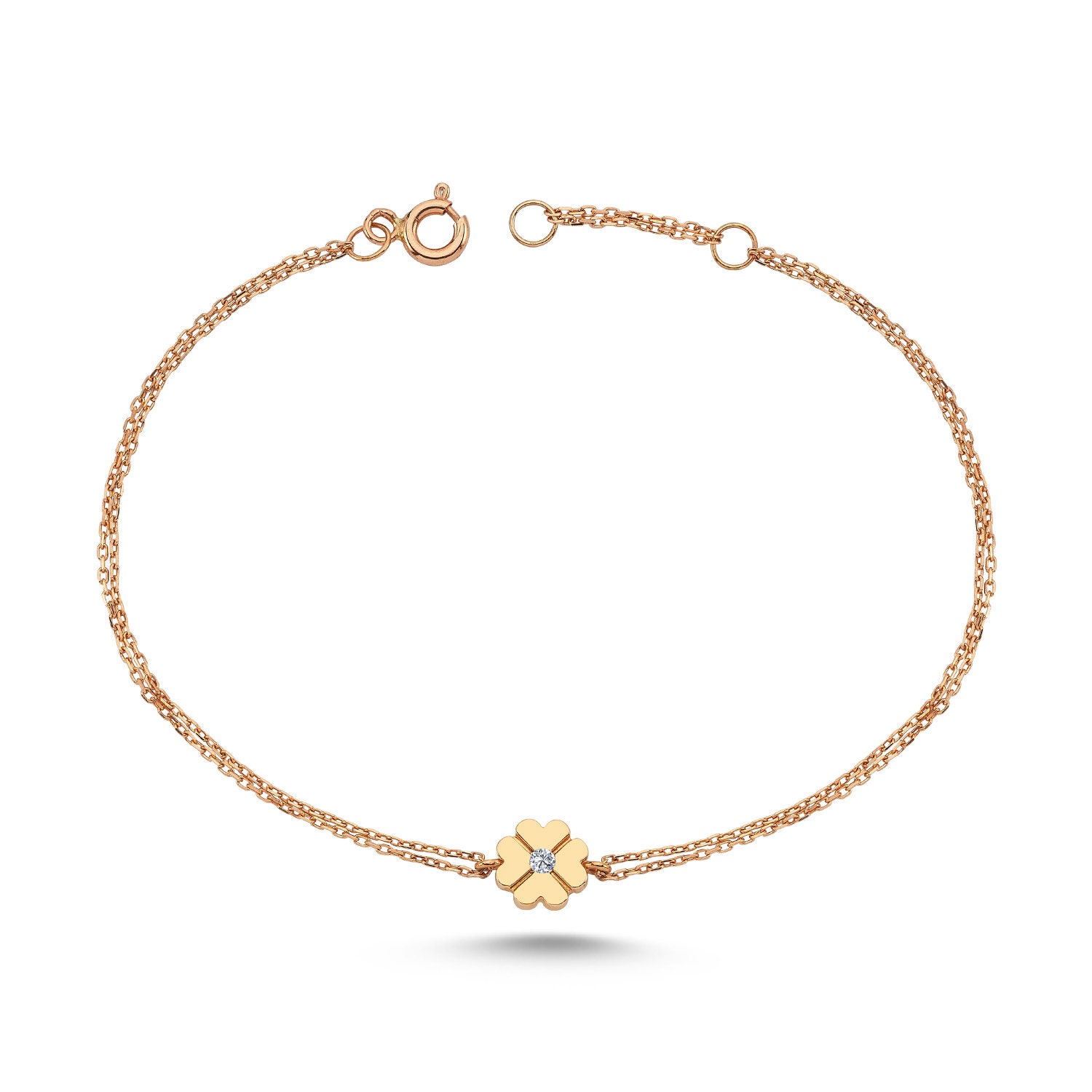 Diamond Chain Shamrock Bracelet, Four Leaf Clover Gold Lucky Charm 14K Bracelet For Women, Mother's Day Gift