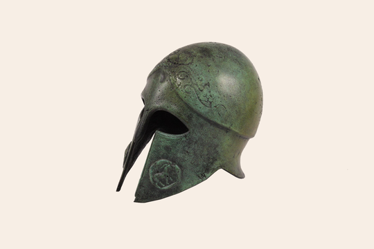 Bronze Corinthian Greek Helmet Engraved Charioteer & Ram Ancient Warrior Helmets Collectible Art Verdigris Finish Sculpture