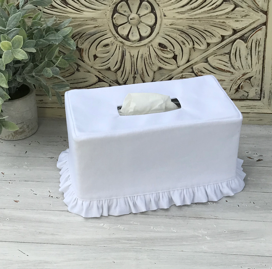 White Linen/Cotton Blend Ruffle Rectangle Tissue Box Cover