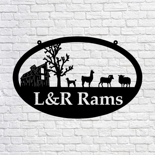 Metal Farm Sign, Barn & Llama, Dog, Ram, Sheep - Personalized Family Name Sign Wedding Gift