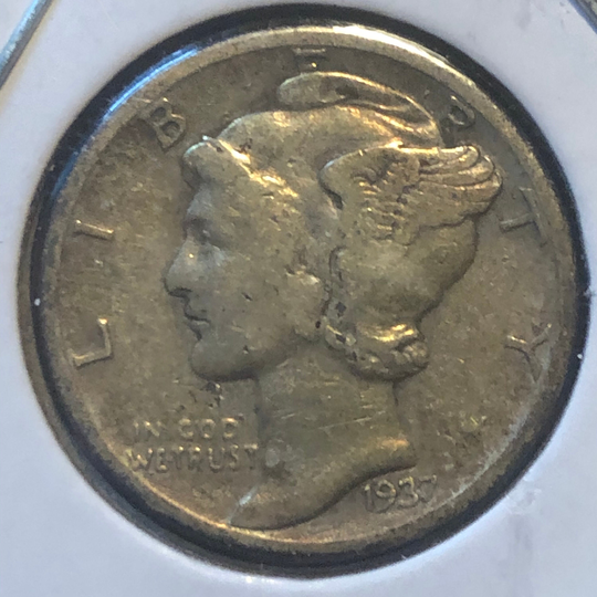 1937 Mercury Dime Fine Condition, Collectors Coin, Silver Dime, 90 Percent Silver, Rare Coinage