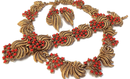 Trifari Coral Cluster Set Includes Necklace, Earrings, Bracelet