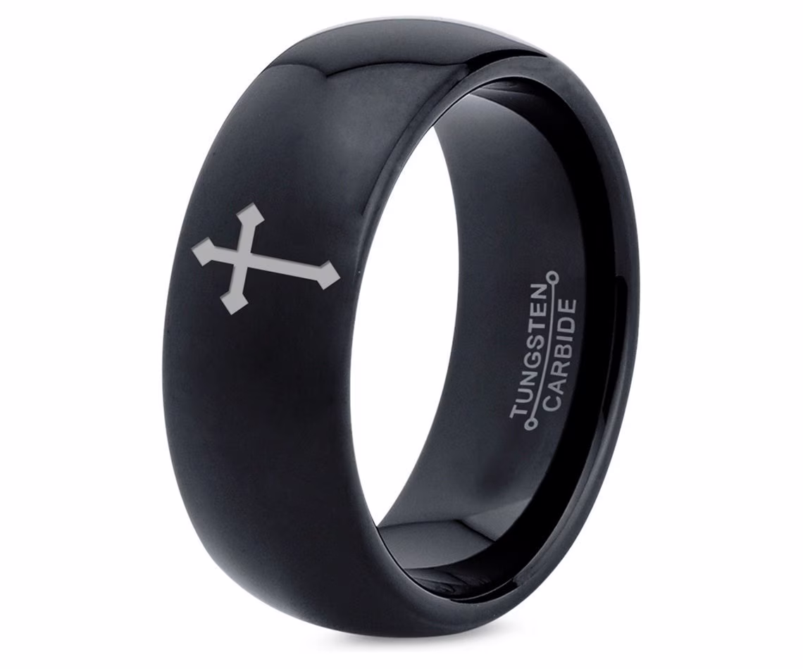 Christian Ring, Black Cross Engraved Wedding Ring Set, Tungsten Promise Rings, Mens Bands, Mothers Day Gift