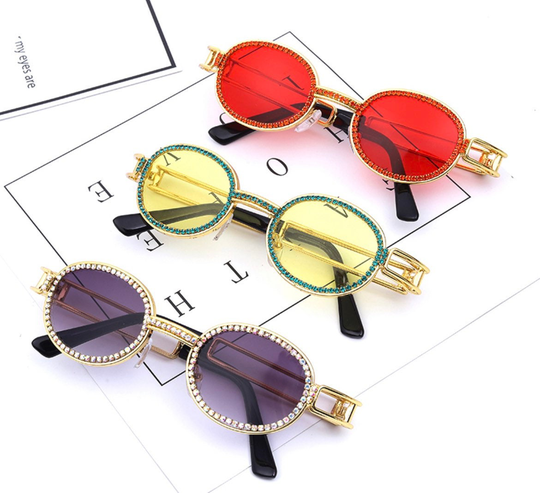 Rhinestone Lined Sunglasses | Claw Chain Retro Round Steampunk Glasses