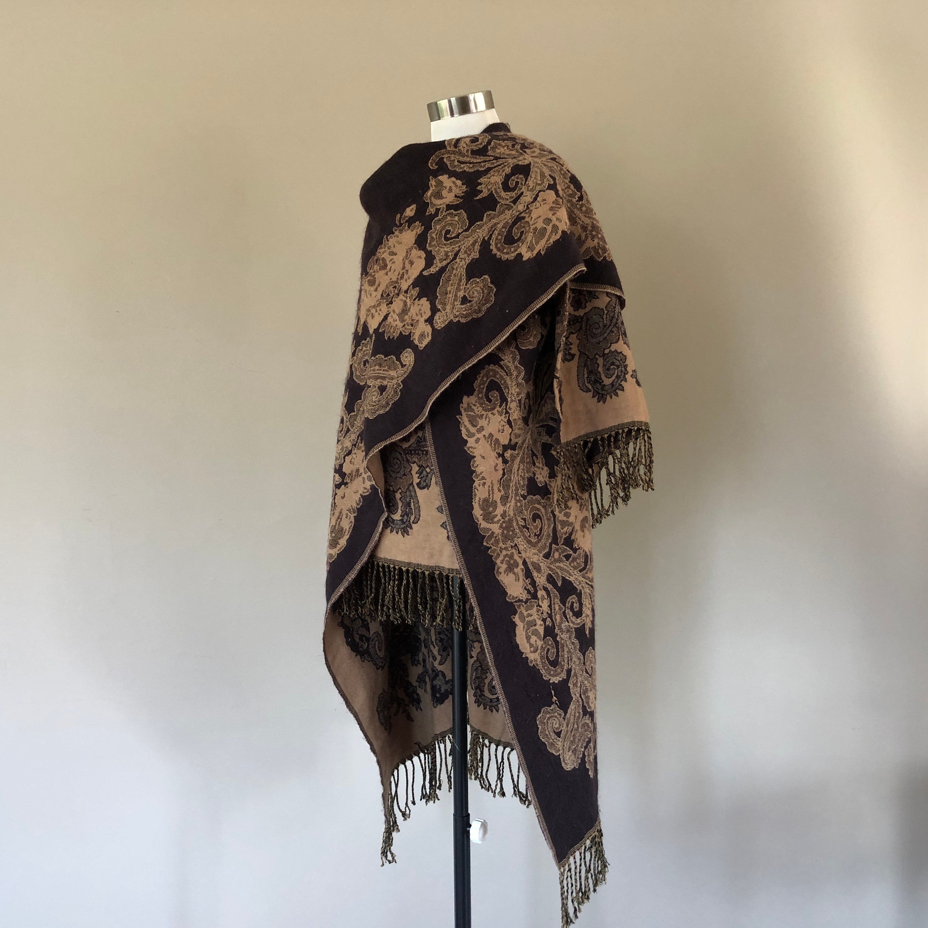 Shawl Long Brown & Tan Fringe Blend Vintage Accessory