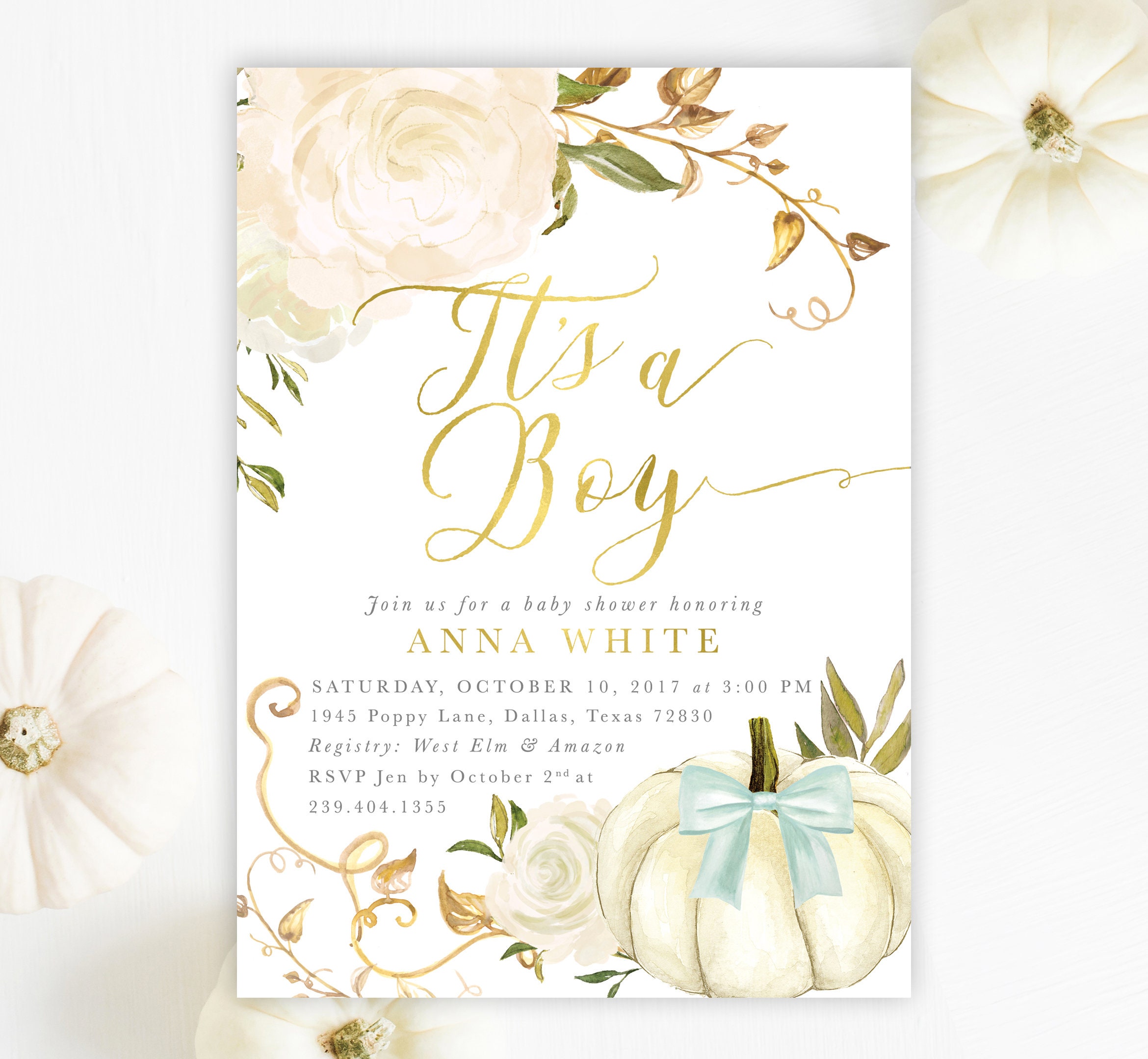 Fall Boy Baby Shower Invitation, Pumpkin Invite, It's A Autumn White Roses, Printed/Printable - 2