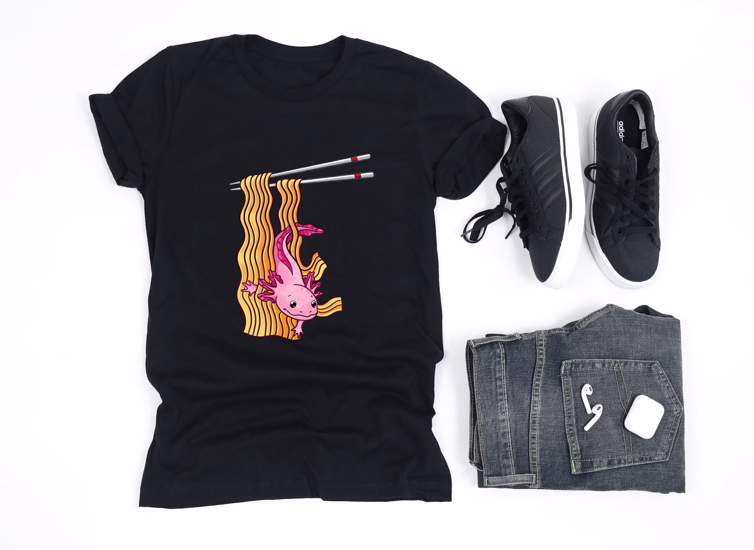 Cute Axolotl in Ramen Noodles Shirt, Pink Axolotl, Lover Gift, V-Neck, Tank Top, Sweatshirt, Hoodie
