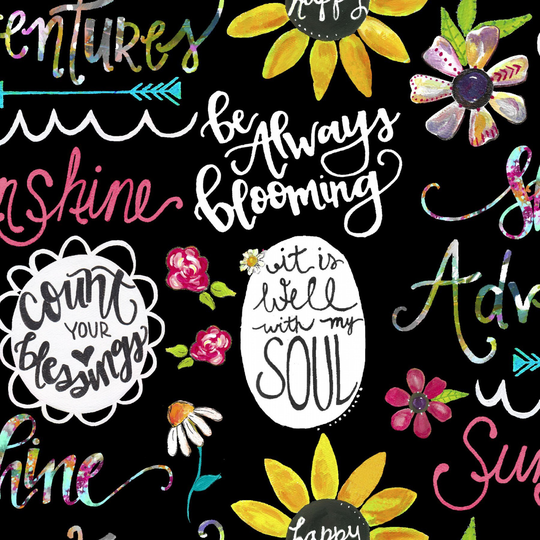 Joy Bloom Black Expression Floral Positive Words Fabric/Sunflower Garden. Studioe Blender Yardage & Fat Quarters