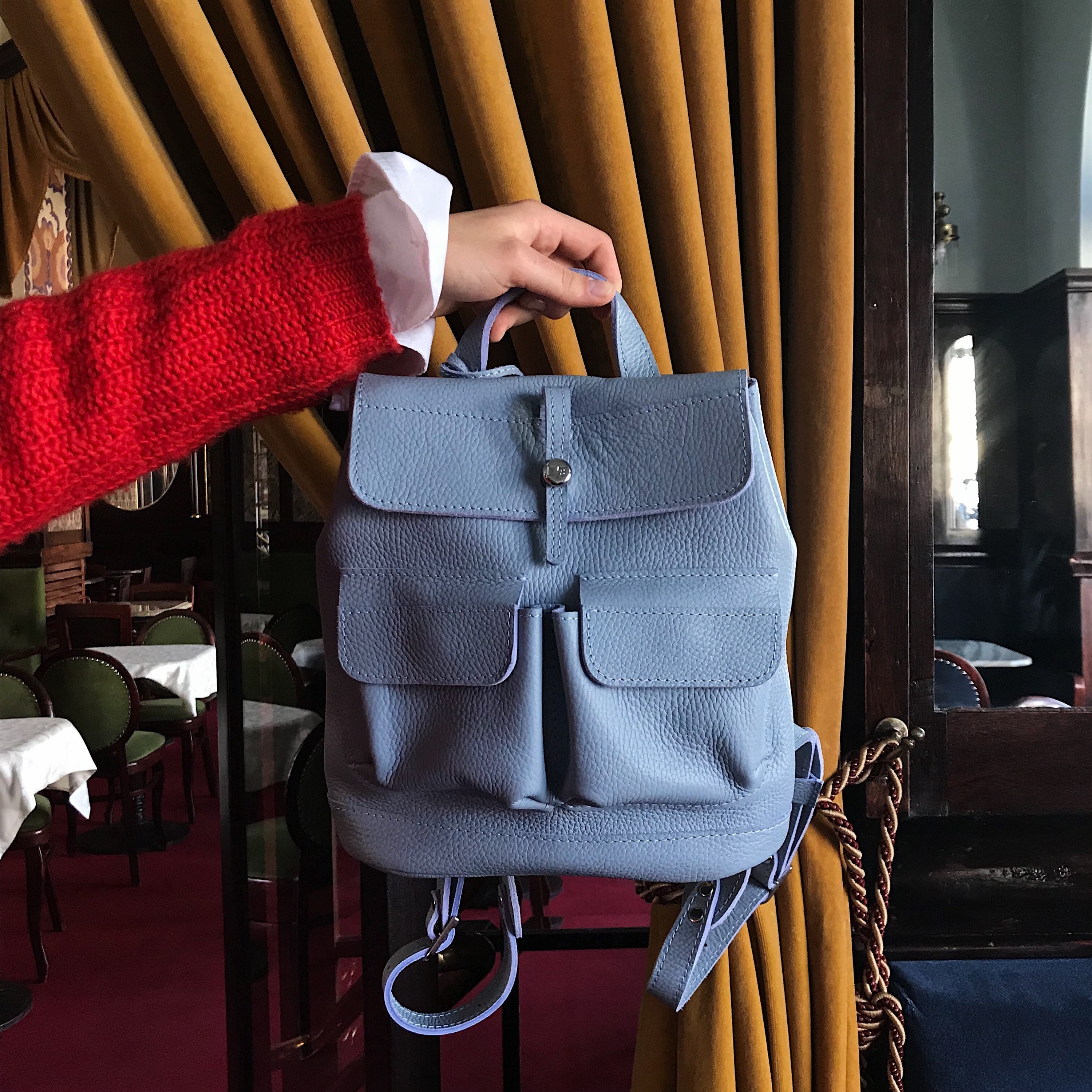 Small Leather Backpack/Baby Citi Backpack Handcrafted Mini Leather Rucksack With Two Front Pockets Light Blue Bag
