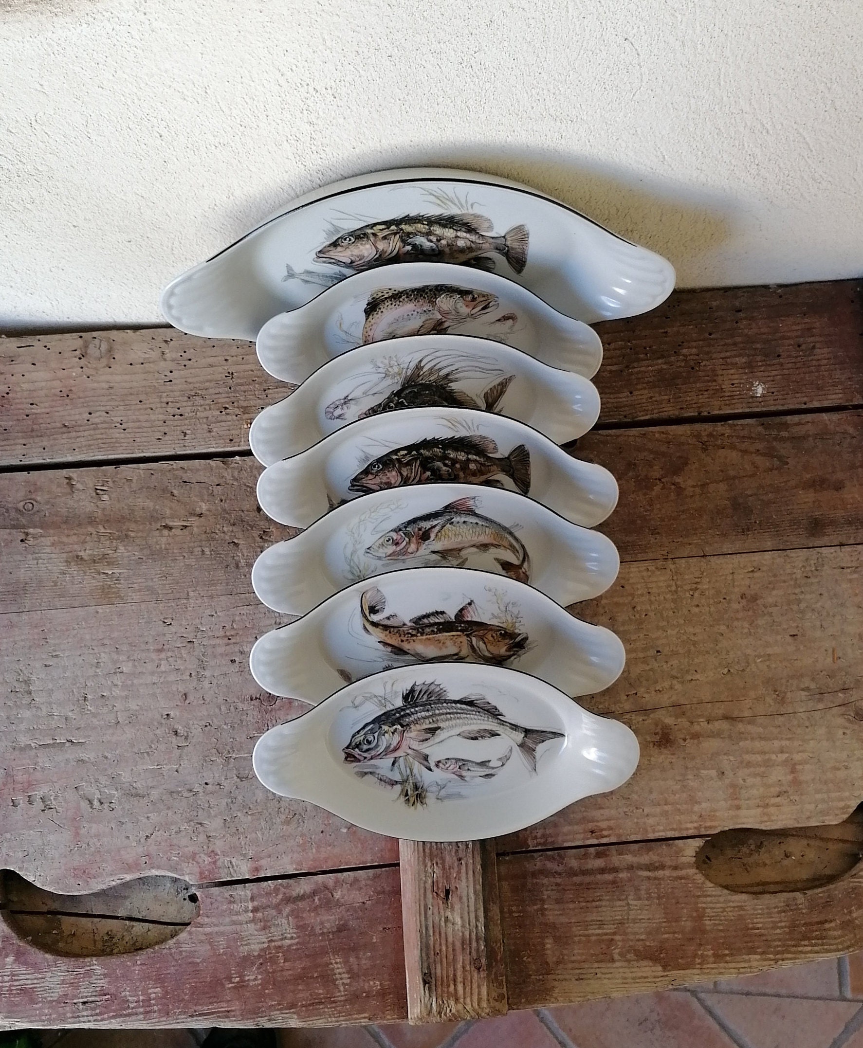 Set Of Fish Bowls, Dish Service For Six People, Dishes With Different Fish, Italian Porcelain, Seafood Appetizer