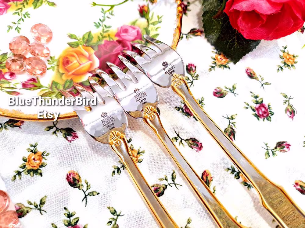3 Pcroyal Albert Old Country Roses Seafood Forks Stainless Steel Vintage Flatware Wedding Gift Mothers Day