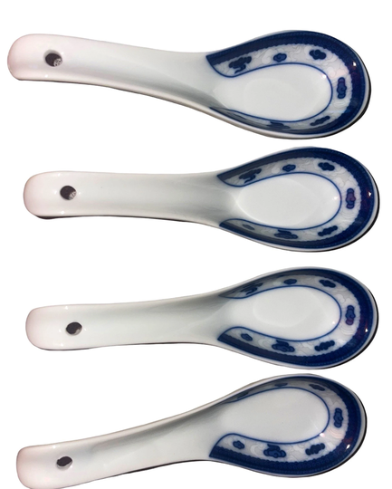4Pcs White Porcelain Spoons Blue Patterned Asian Ceramics Spoon