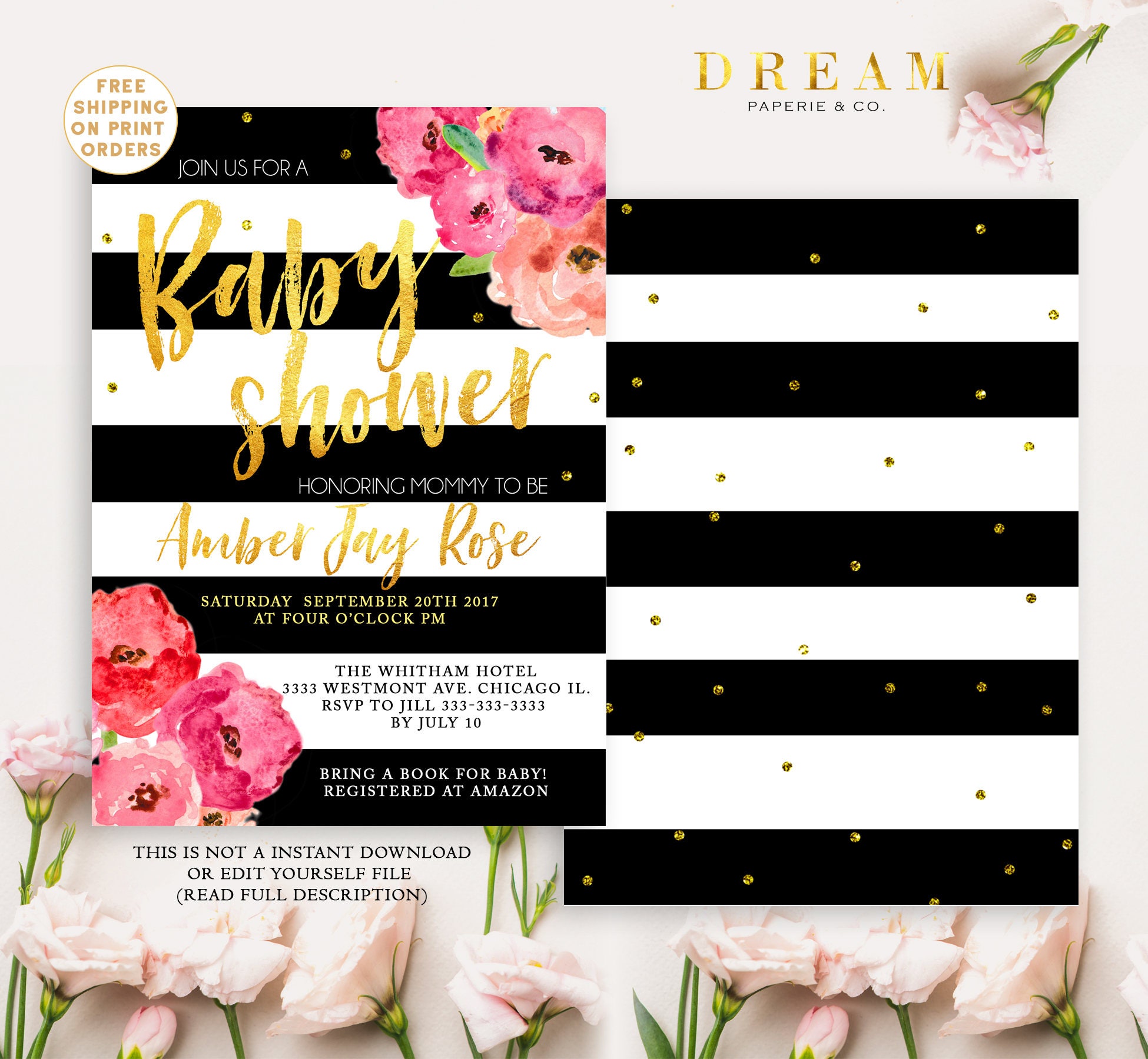 Baby Shower Invitation, Floral Pink Gold Baby Invitation